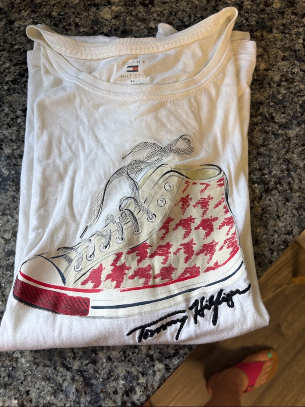 Vintage Tommy Hilfiger White Tee with Red Sneaker Graphic